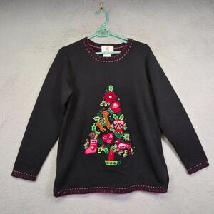 Quacker Factory Sweater Womens S Black Christmas Holiday Embroidered‎ Grandma